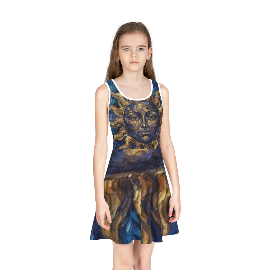 Sunface Art Sundress — Girls' Blue & Gold Celestial Sun Twirl Dress -"No More Stolen Sisters!" #mmiwg Collection