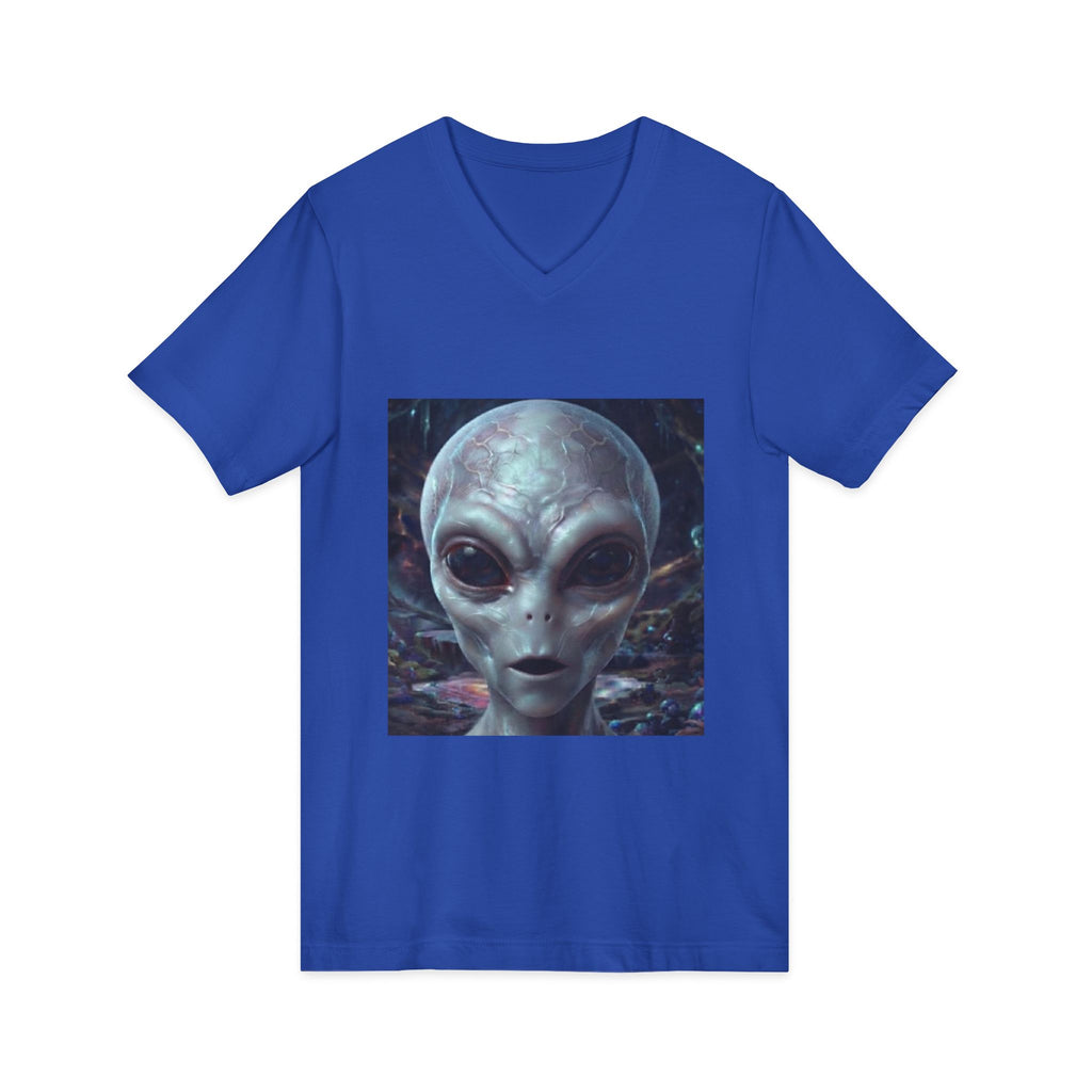 Alien Face V-Neck Tee — Realistic Extraterrestrial Graphic T-Shirt