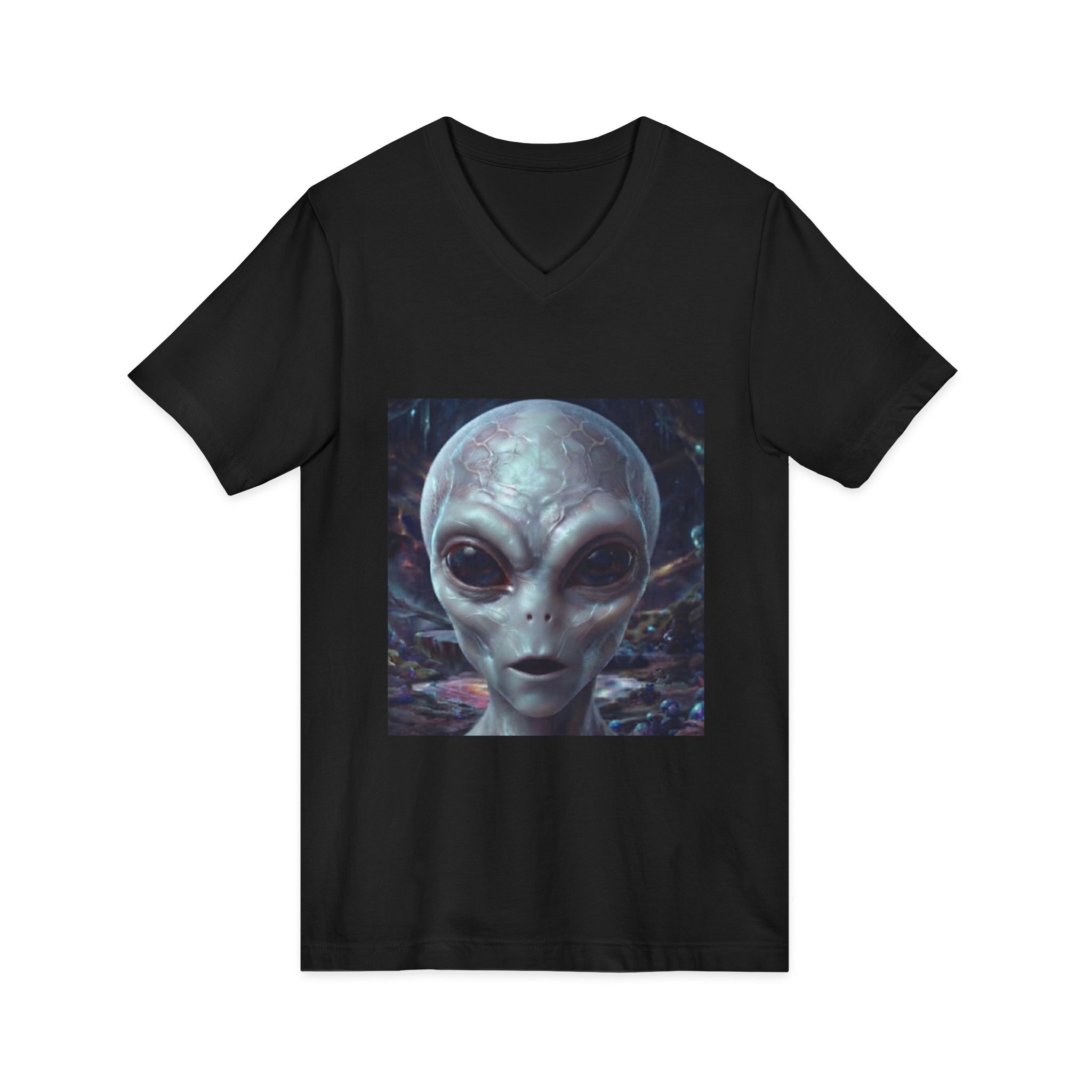 Alien Face V-Neck Tee — Realistic Extraterrestrial Graphic T-Shirt