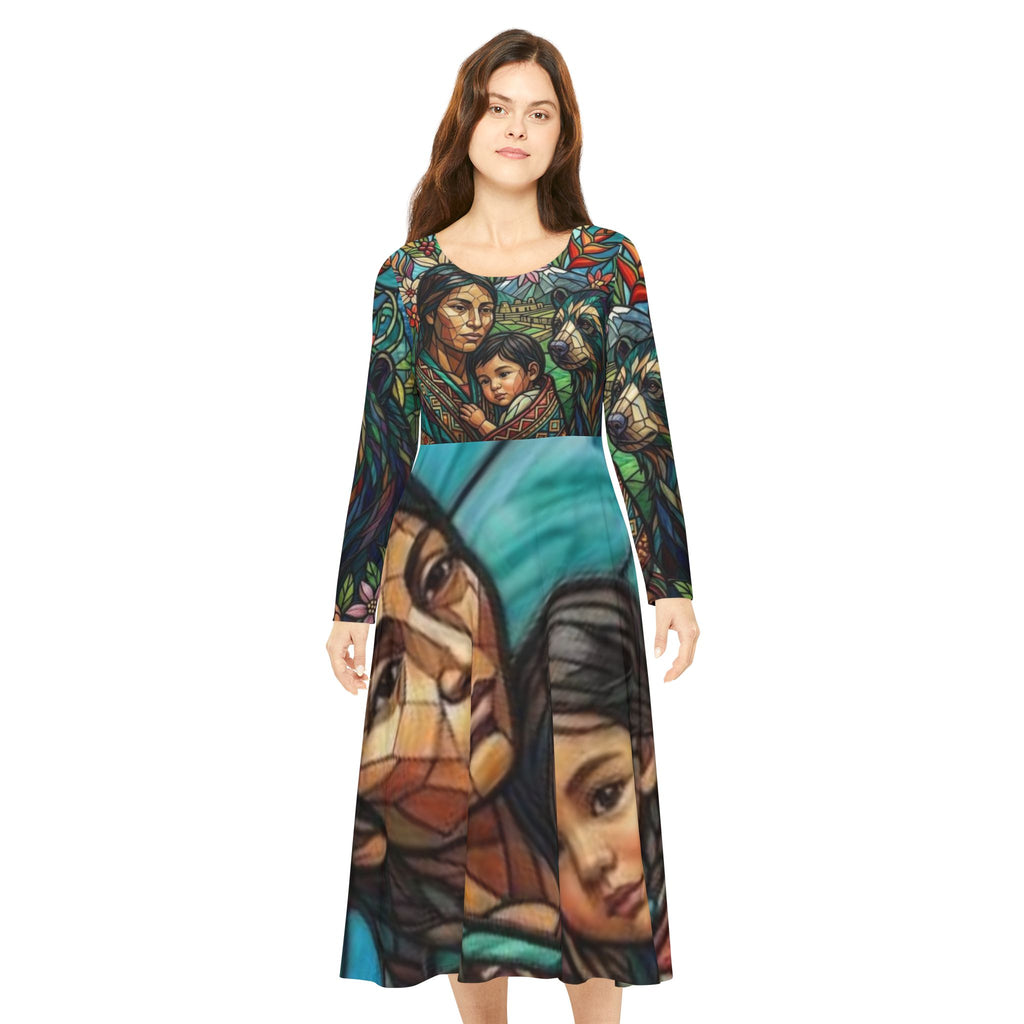Columbian Mother and Child with spirit bear, No More Stolen Sisters Series, #mmiwg, Stained Glass Art Dress | Long Sleeve Dance Dress