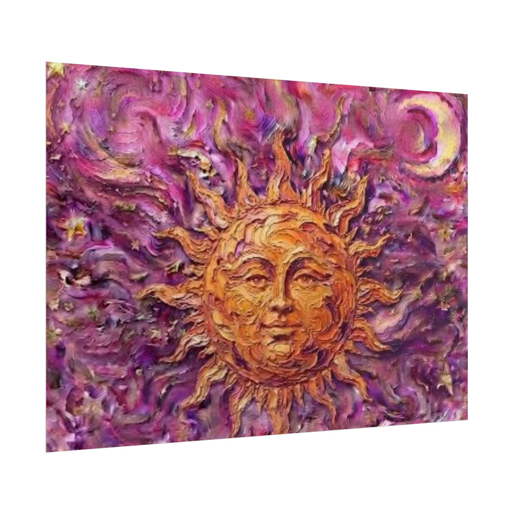 Póster de arte Sunburst - Sol dorado sobre fondo morado texturizado