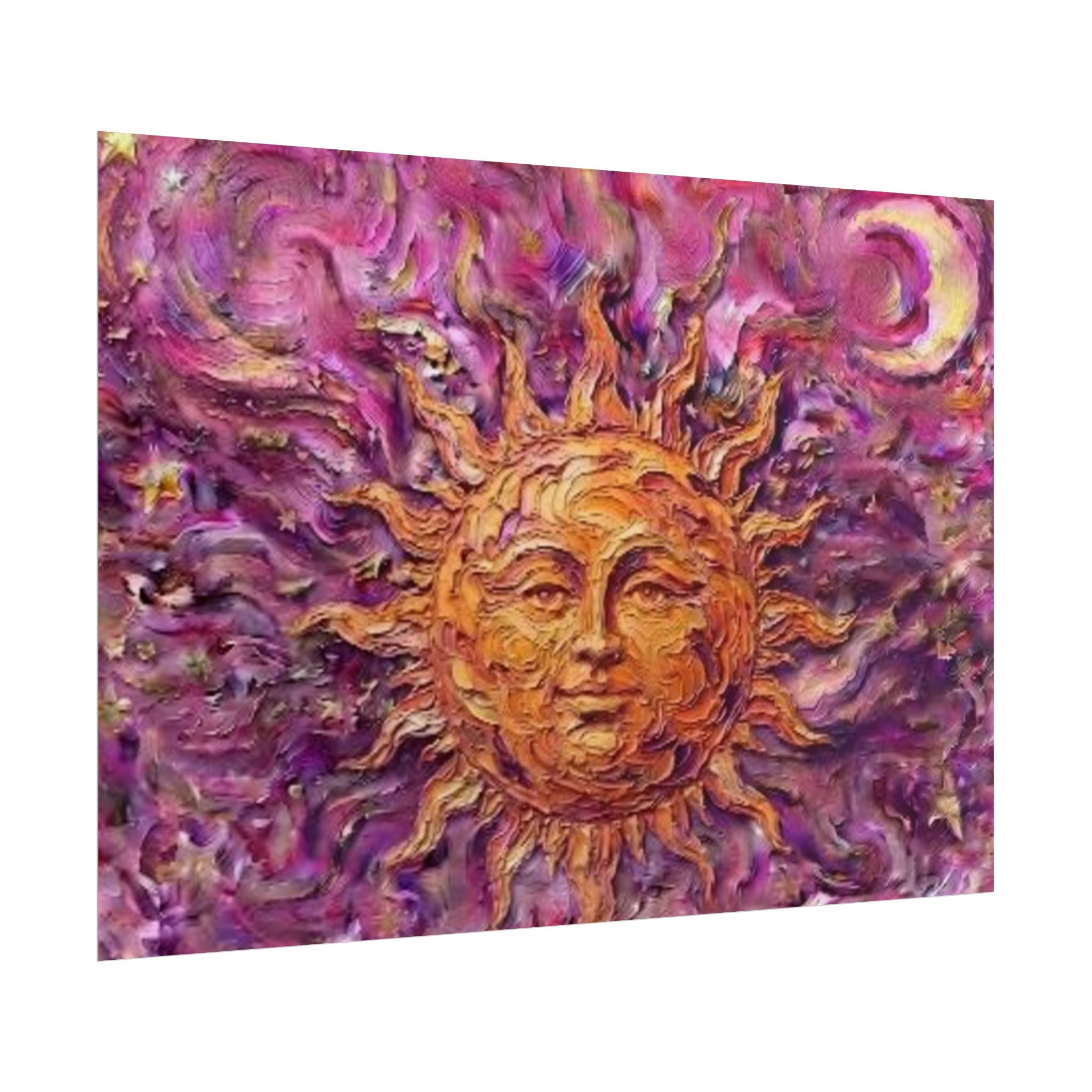 Póster de arte Sunburst - Sol dorado sobre fondo morado texturizado