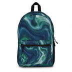Blue and green marble swirl pattern backpack by Printify, stylish school and travel bag with durable fabric and adjustable straps.