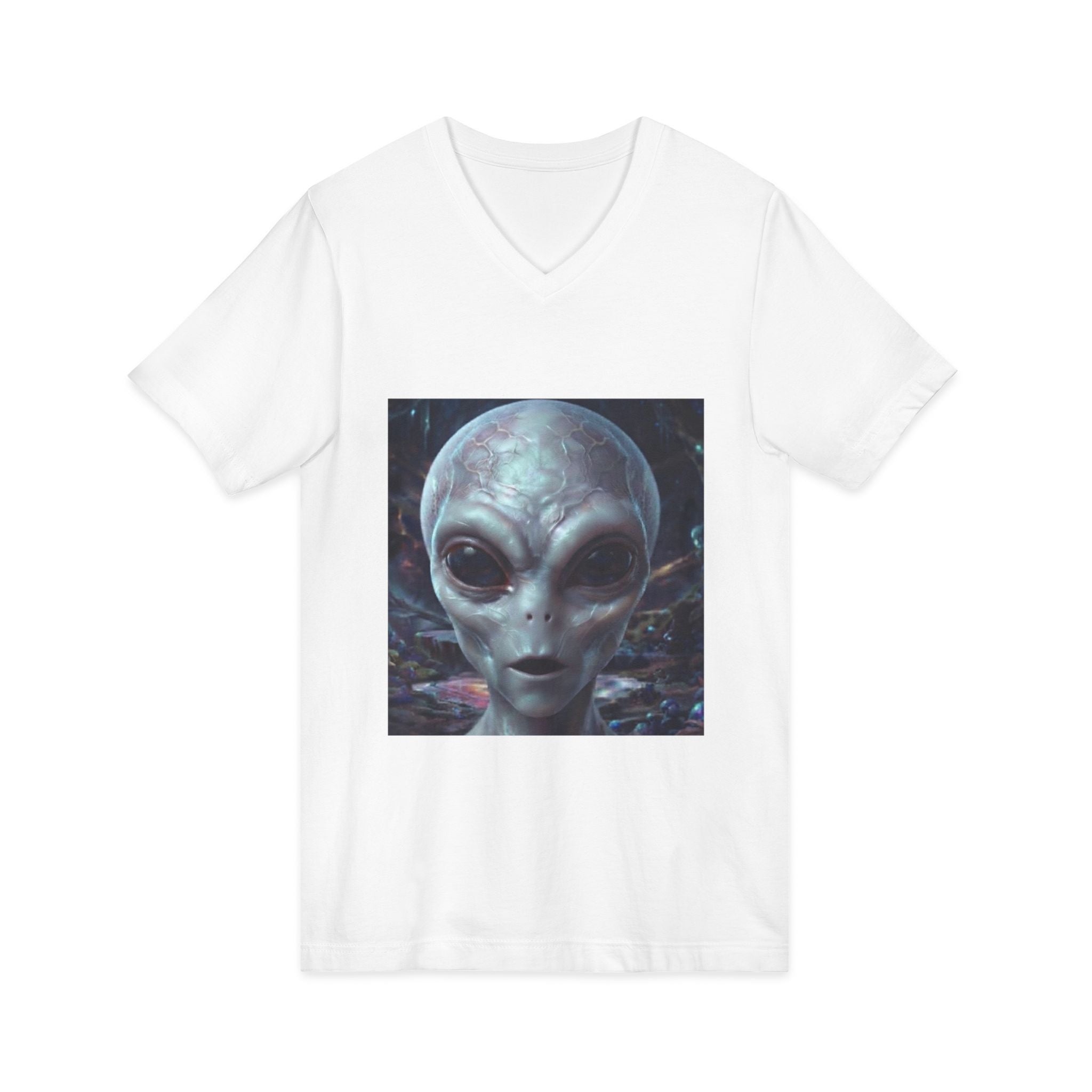 Alien Face V-Neck Tee — Realistic Extraterrestrial Graphic T-Shirt