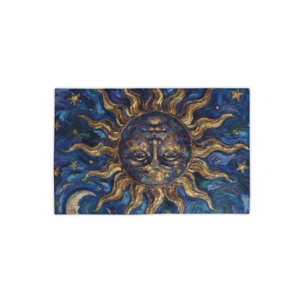 Celestial Sun Beach Towel – Golden Sun Face on Starry Blue Background