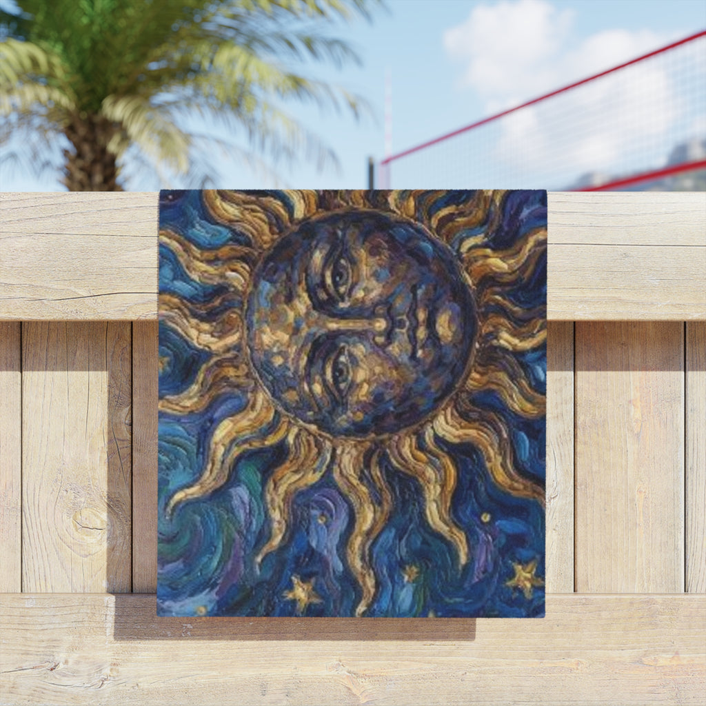 Celestial Sun Beach Towel – Golden Sun Face on Starry Blue Background