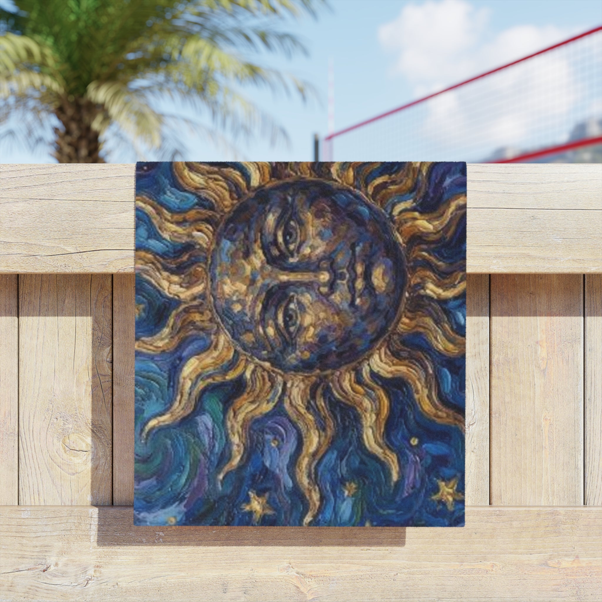 Celestial Sun Beach Towel – Golden Sun Face on Starry Blue Background