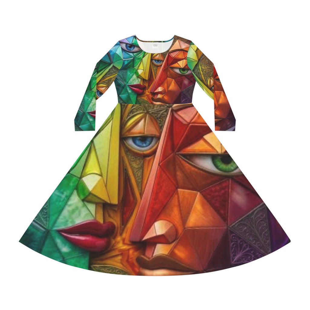Vestido de caras cubistas coloridas | Vestido de baile de manga larga