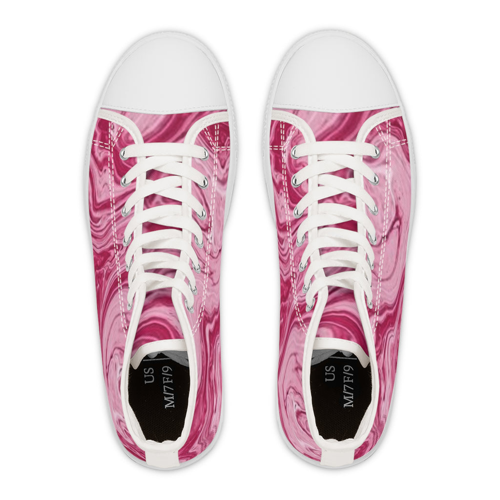 Pink Marble High Top Sneakers — Women's Stylish Swirl Print Shoes