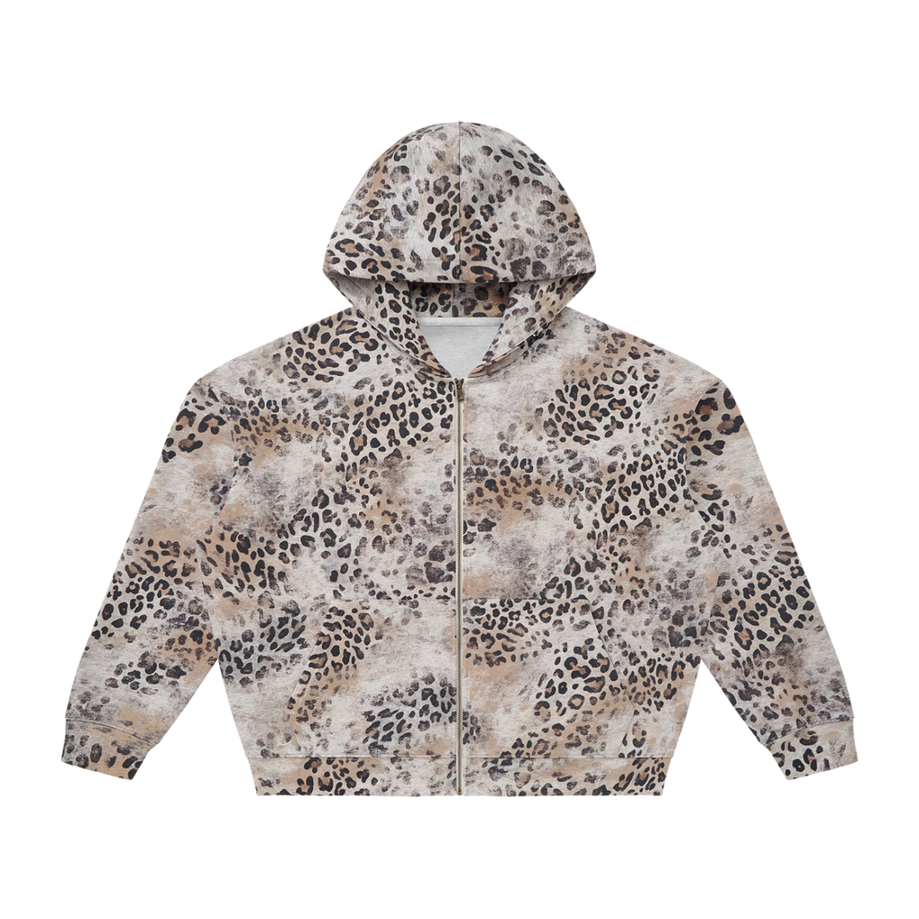 Felpa con cappuccio unisex vintage effetto slavato con stampa leopardata e zip integrale