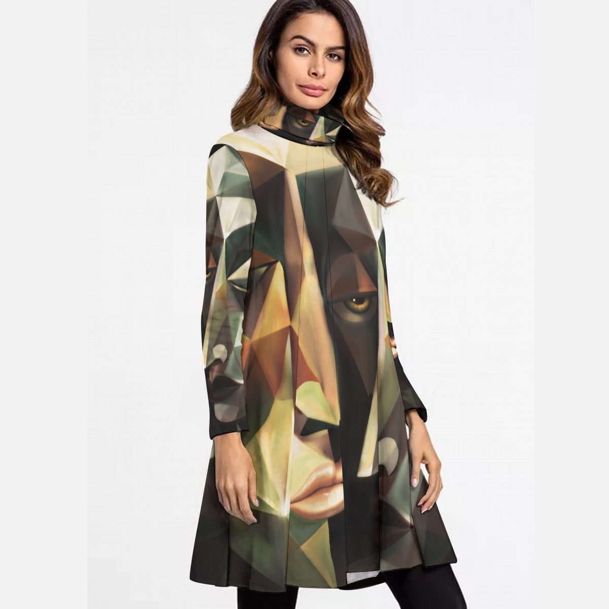 All-Over Print Women's High Neck Dress With Long Sleeve