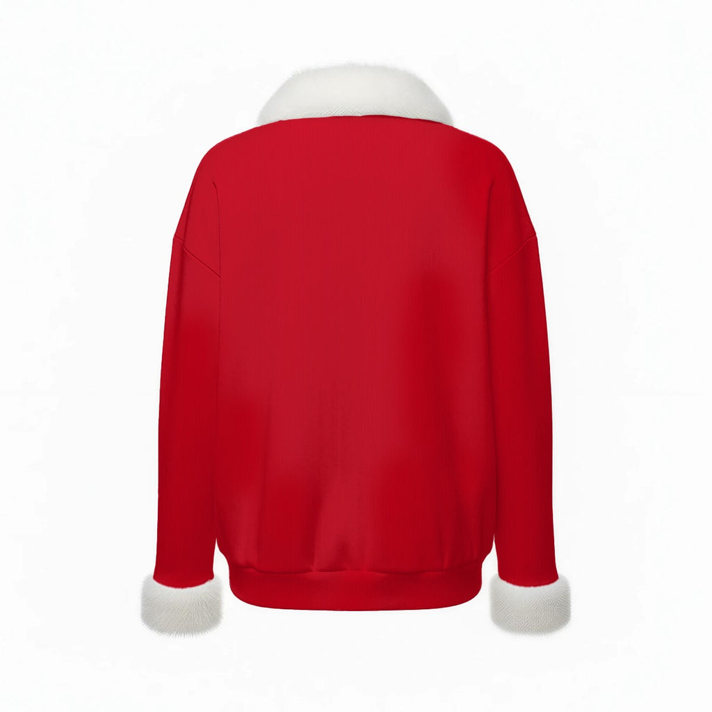 All-Over Print Women's Faux Knit V-Neck Sweater Top with Fur Trim