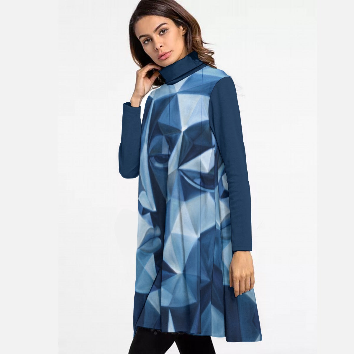 All-Over Print Women's High Neck Dress With Long Sleeve