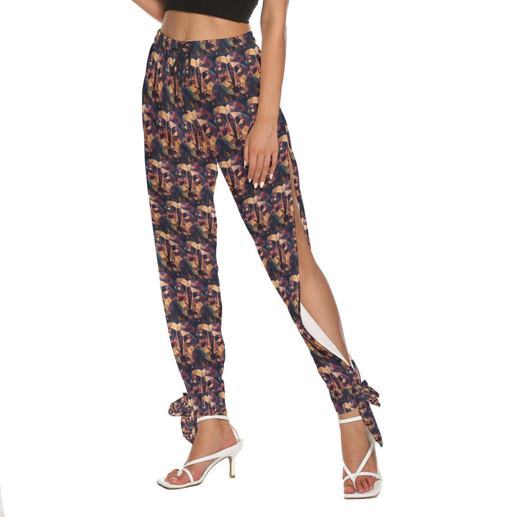 All-Over Print Women's Side Seam Cutout Pants With Bottom Strap
