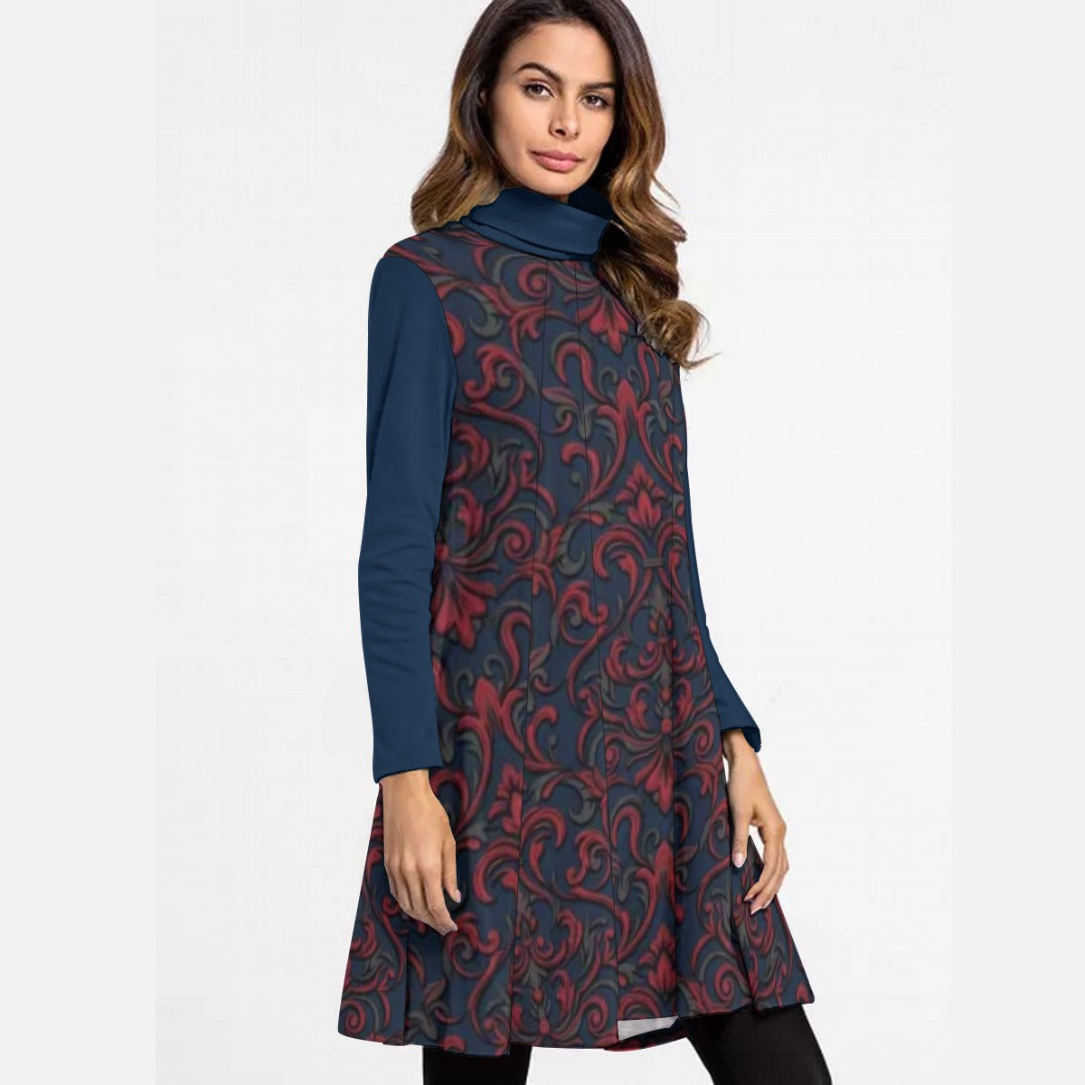 Abito da donna con stampa all-over, collo alto e maniche lunghe