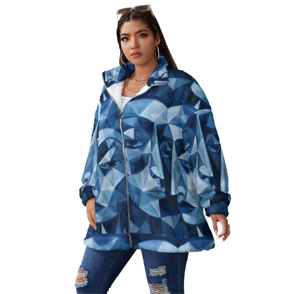 All-Over Print Unisex Borg Fleece Stand-up Collar Coat With Zipper Closure(Plus Size)