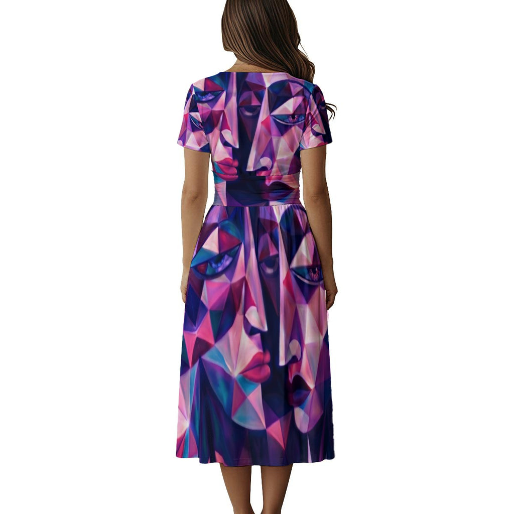 All-over Print Women's Short Sleeve V Neck Midi Dress