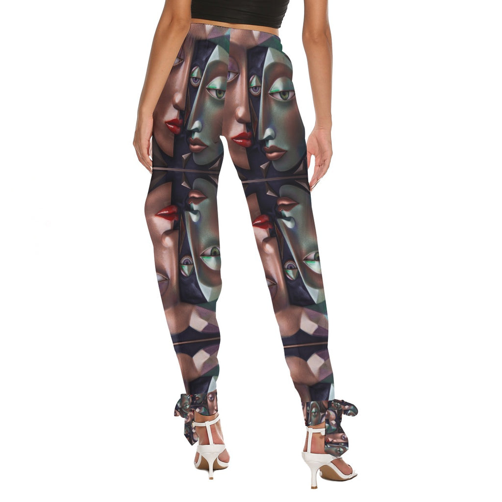 All-Over Print Women's Side Seam Cutout Pants With Bottom Strap