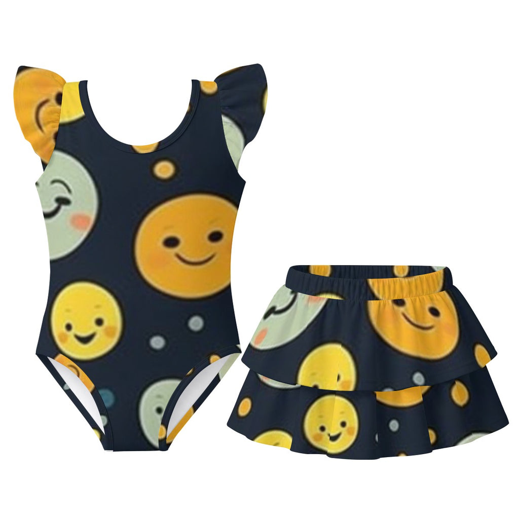 Completo da bagno a strati con volant per bambina, stampa all-over