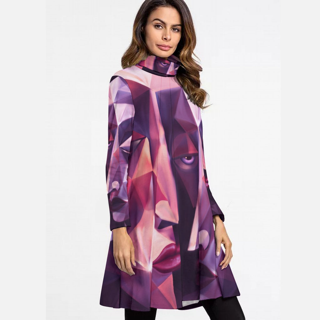 All-Over Print Women's High Neck Dress With Long Sleeve