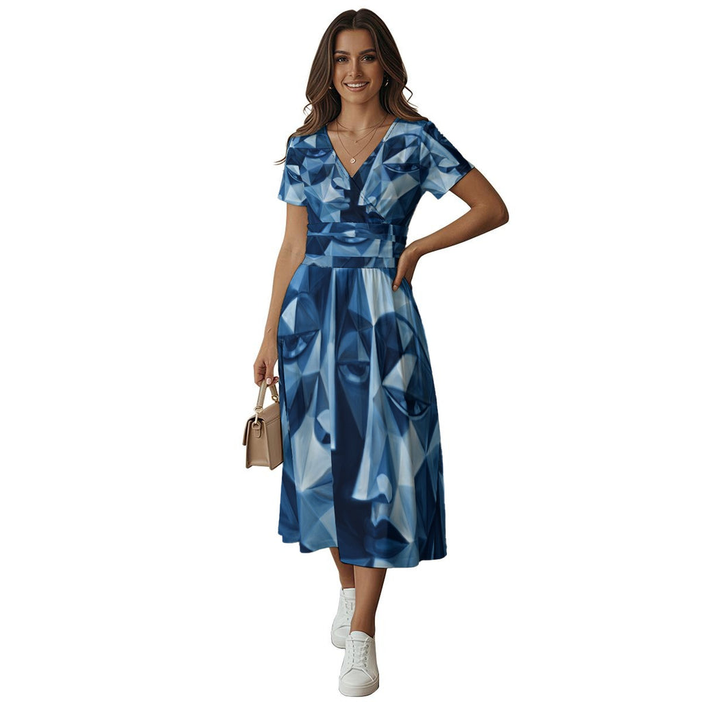 Abito midi da donna a maniche corte con scollo a V e stampa all-over