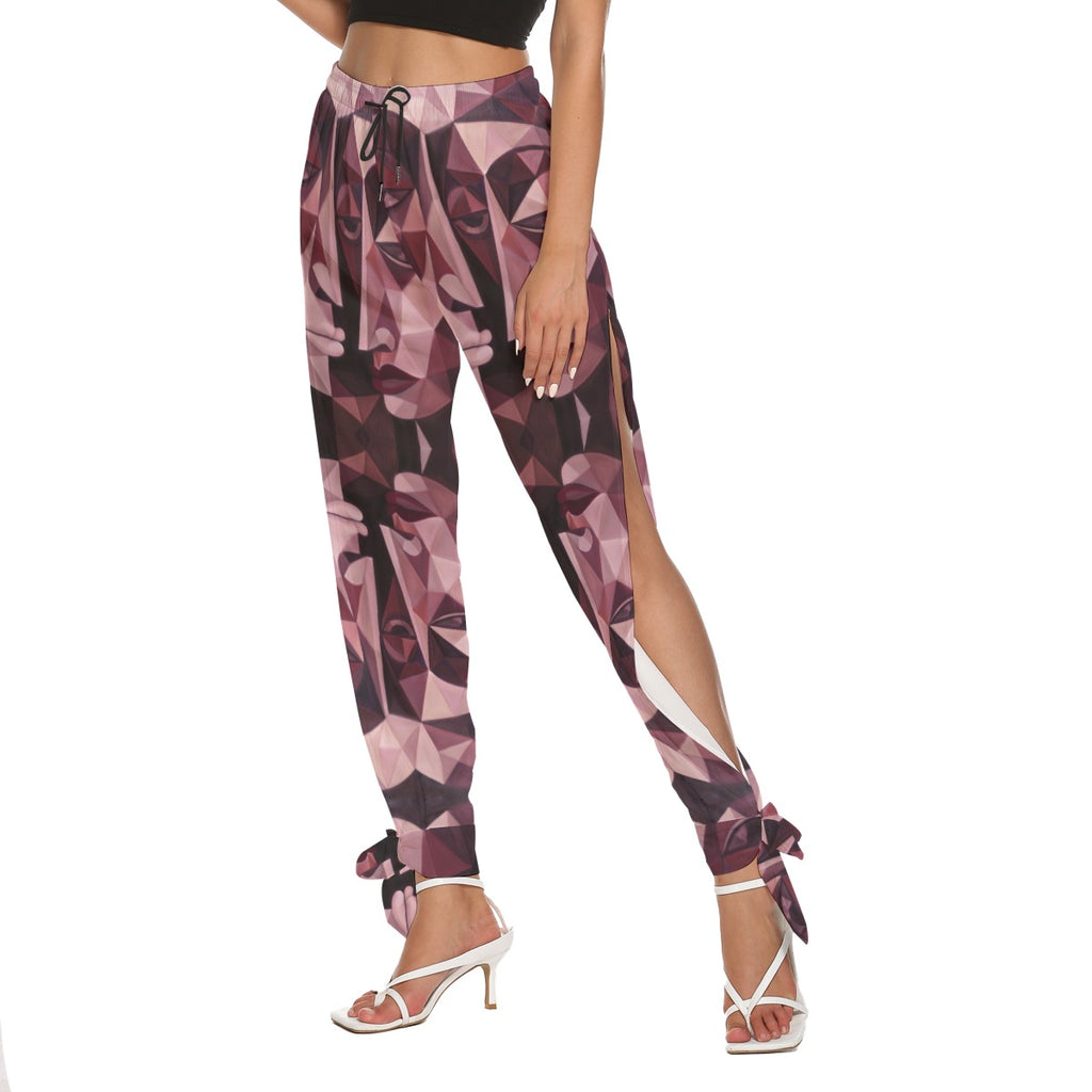 All-Over Print Women's Side Seam Cutout Pants With Bottom Strap