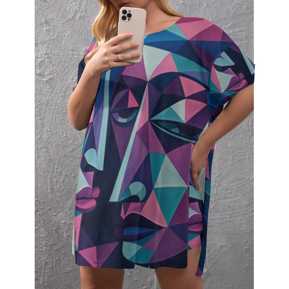 All-Over Print Women's Drop-Shoulder T-Shirt with Side Split and Shorts (Plus Size)