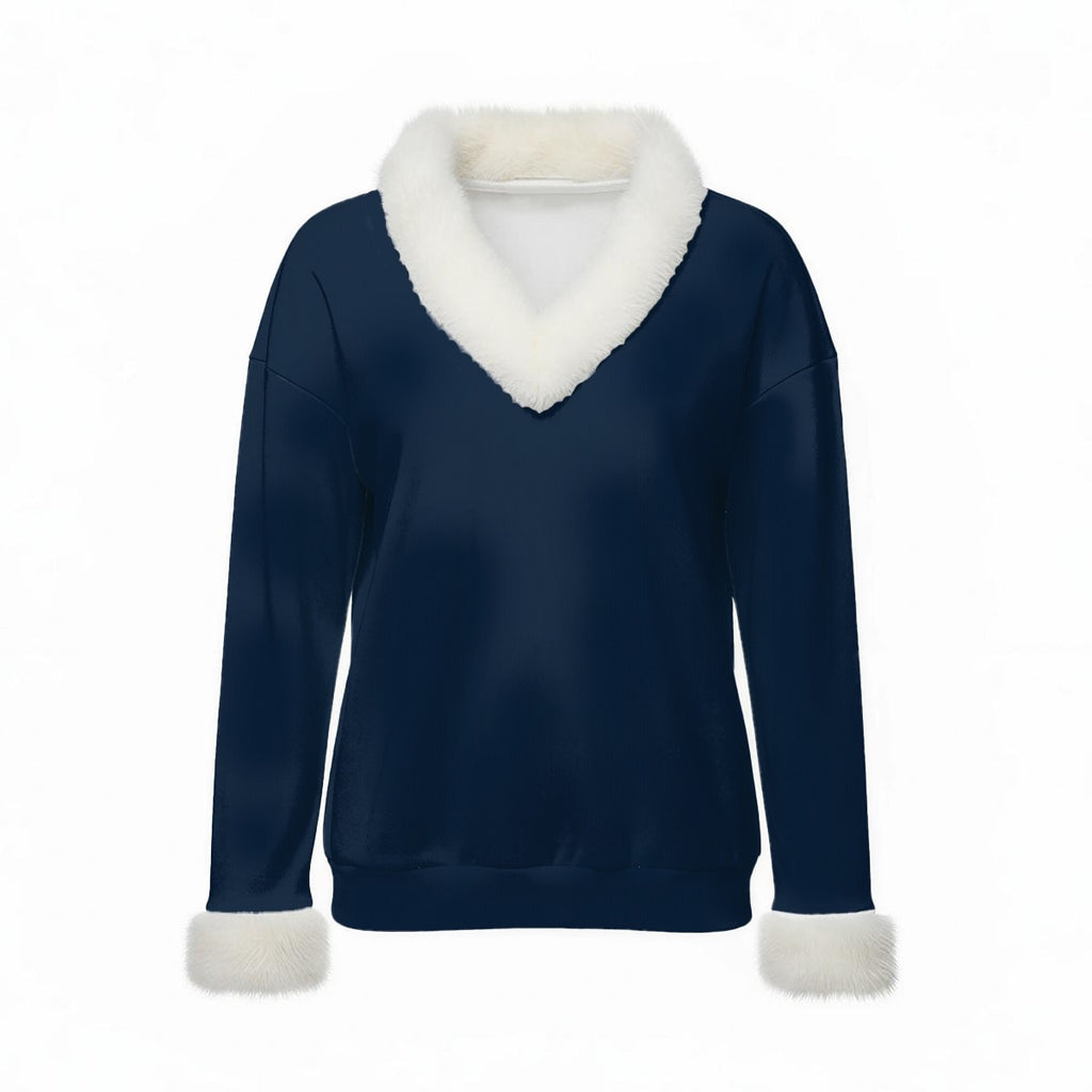 All-Over Print Women's Faux Knit V-Neck Sweater Top with Fur Trim