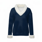 All-Over Print Women's Faux Knit V-Neck Sweater Top with Fur Trim