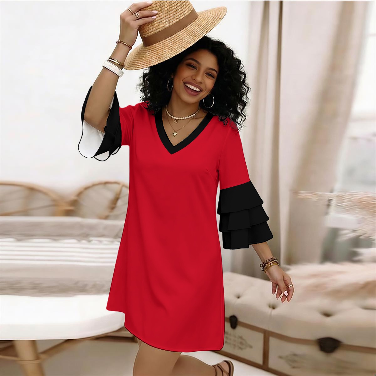 All-Over Print Women's Stacked Ruffle Sleeve Dress