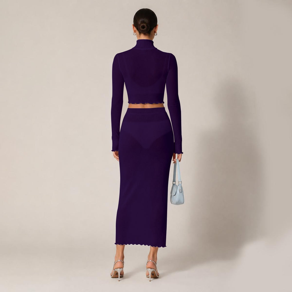 All-Over Print Women's High Neck Skirt Set With Thumb Hole