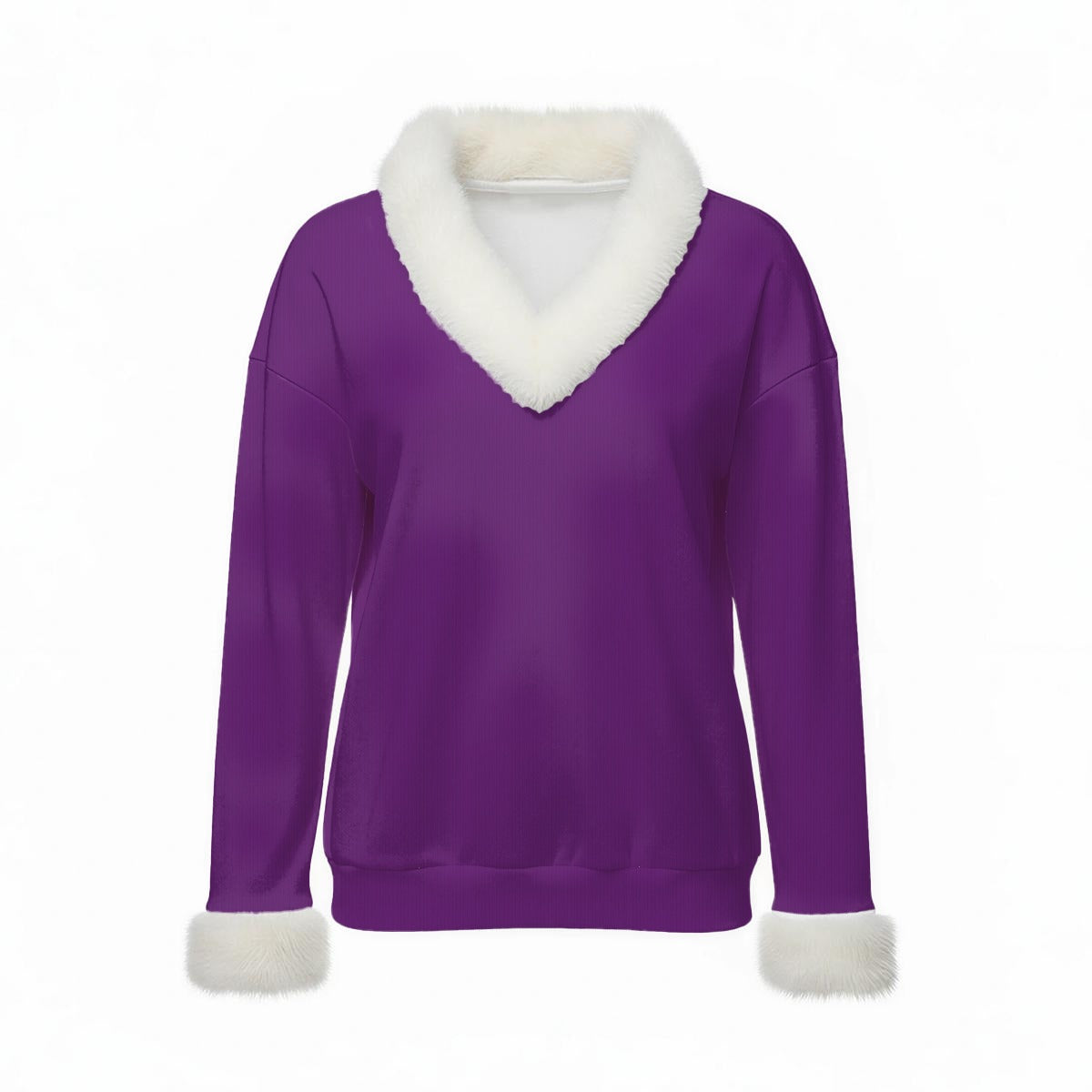 All-Over Print Women's Faux Knit V-Neck Sweater Top with Fur Trim