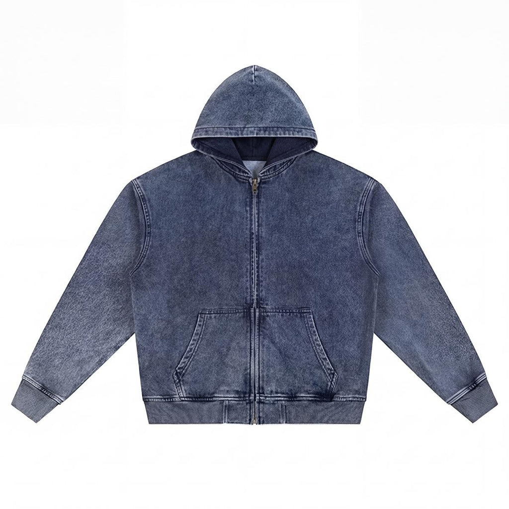 Felpa con cappuccio da uomo in denim lavato con zip | 380 GSM DTF
