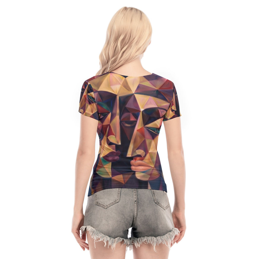 Blusa in mesh da donna a maniche corte con stampa all-over