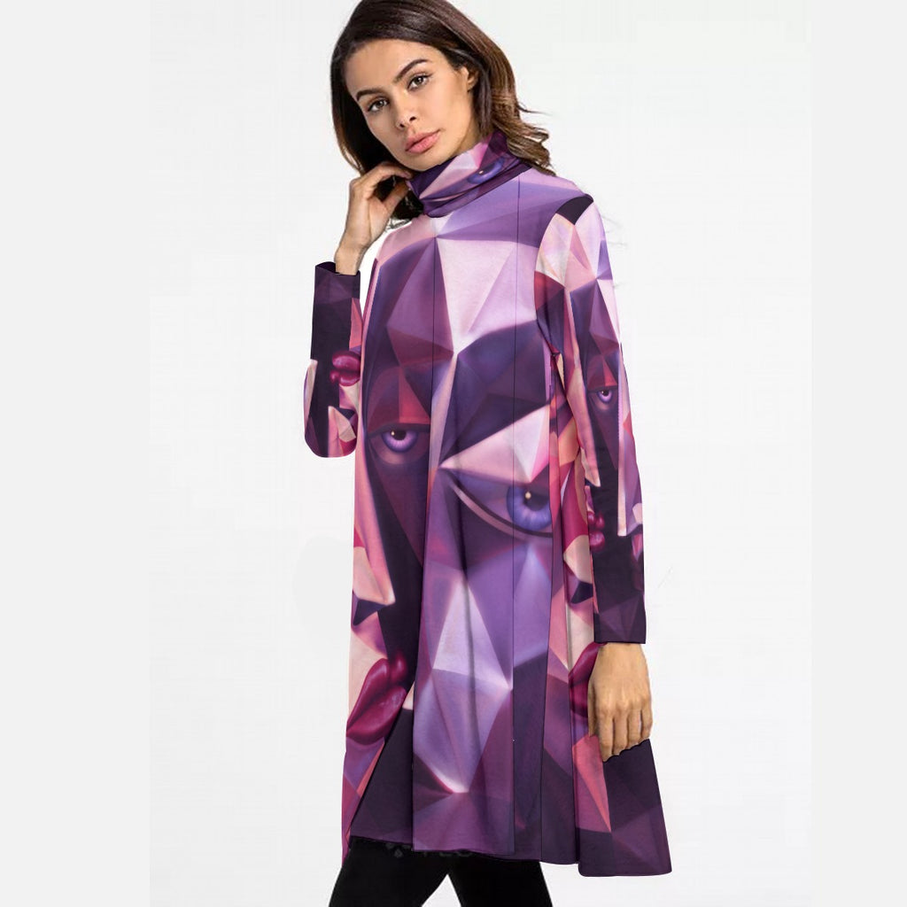 All-Over Print Women's High Neck Dress With Long Sleeve