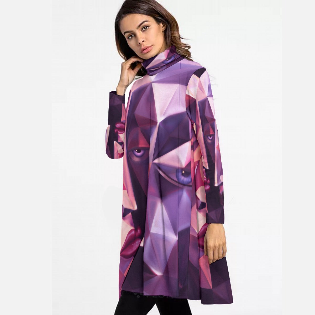 All-Over Print Women's High Neck Dress With Long Sleeve