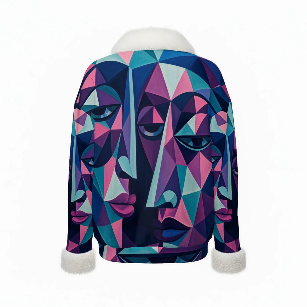All-Over Print Women's Faux Knit V-Neck Sweater Top with Fur Trim