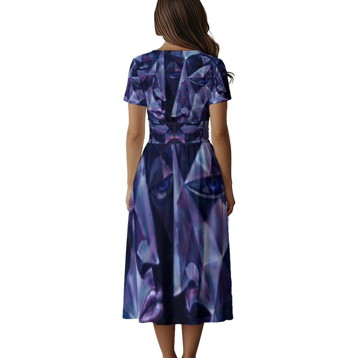 Robe midi à manches courtes et col en V pour femme à impression intégrale