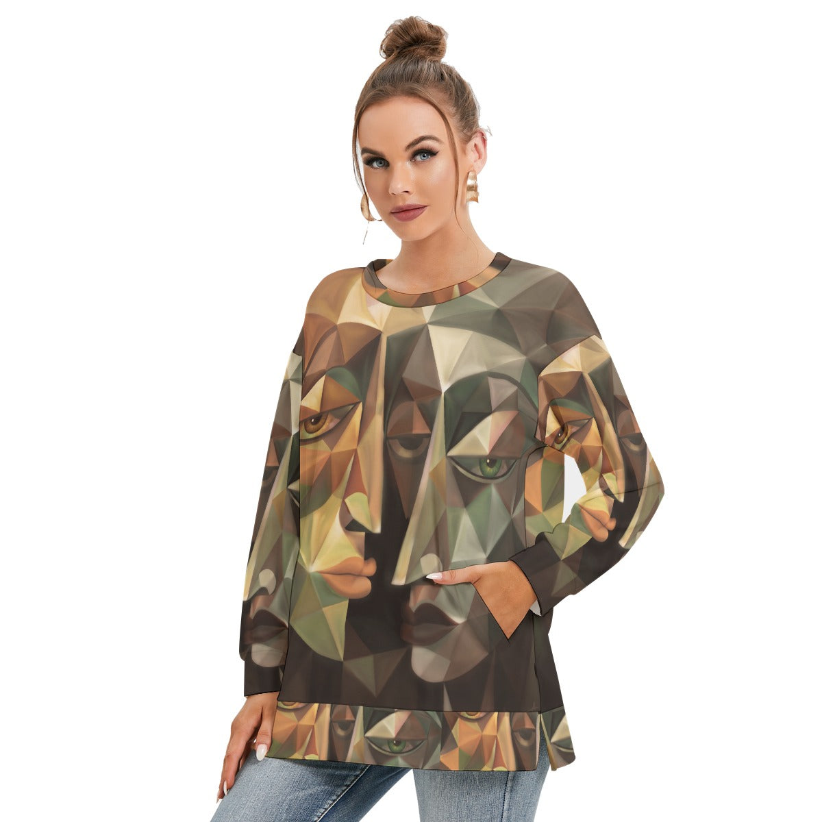 All-Over Print Women's Side Split O-neck Sweatshirt