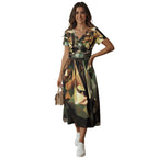 All-over Print Women's Short Sleeve V Neck Midi Dress