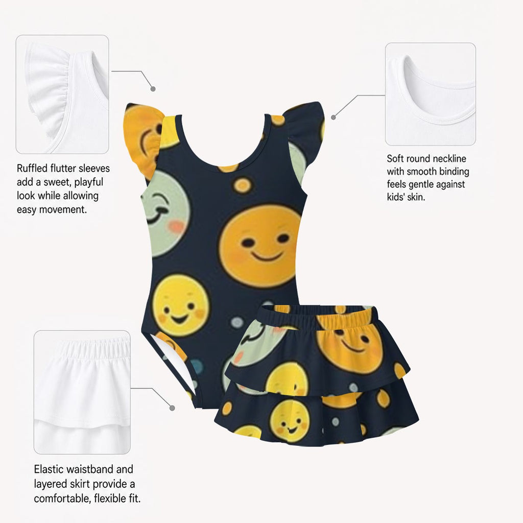 Completo da bagno a strati con volant per bambina, stampa all-over
