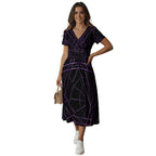 Robe midi à manches courtes et col en V pour femme à impression intégrale