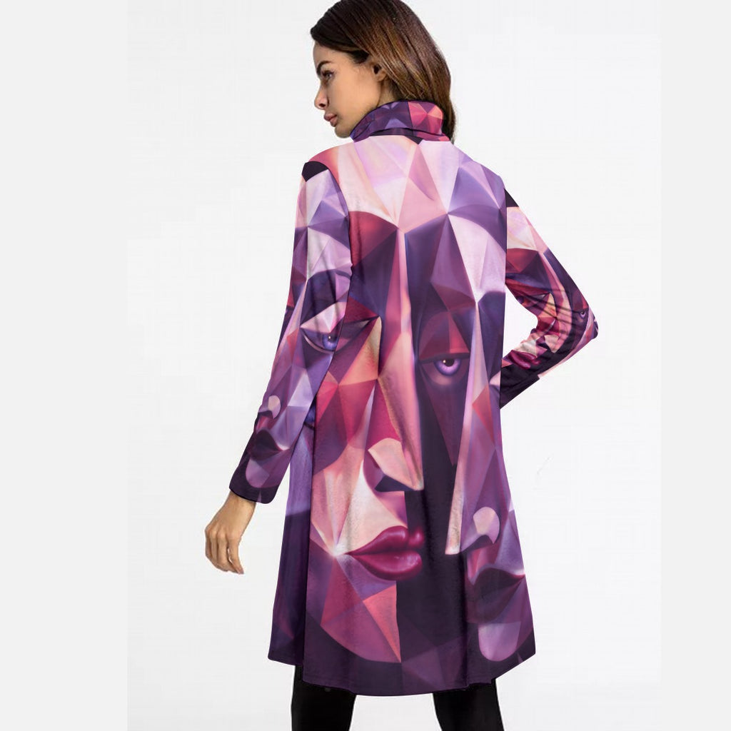 All-Over Print Women's High Neck Dress With Long Sleeve