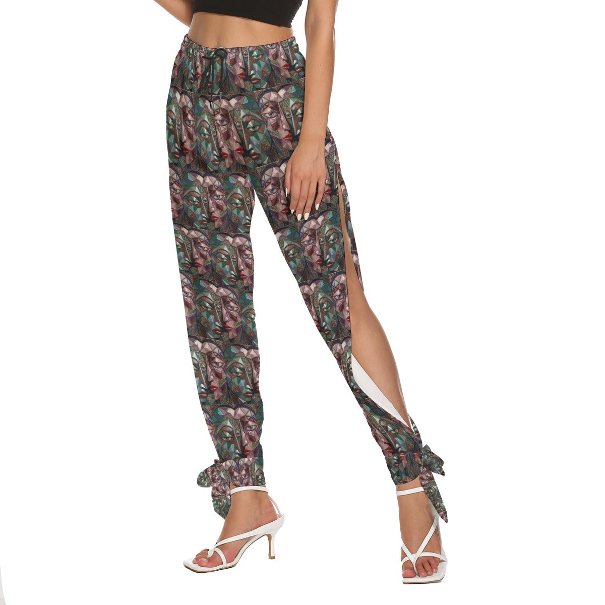All-Over Print Women's Side Seam Cutout Pants With Bottom Strap