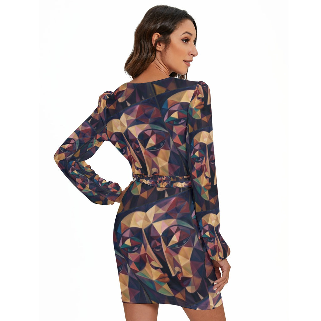 Robe à manches longues pour femme à imprimé intégral avec ceinture à la taille