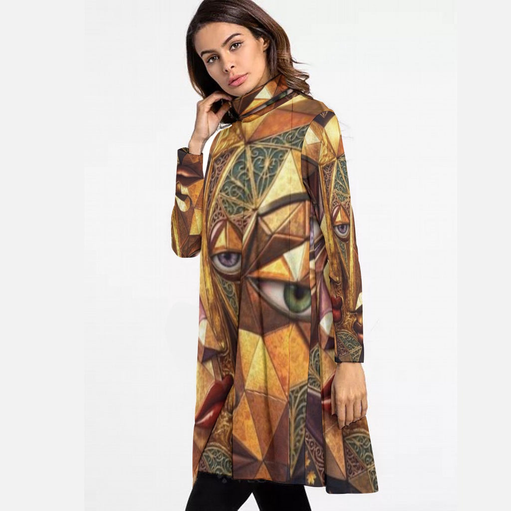 All-Over Print Women's High Neck Dress With Long Sleeve