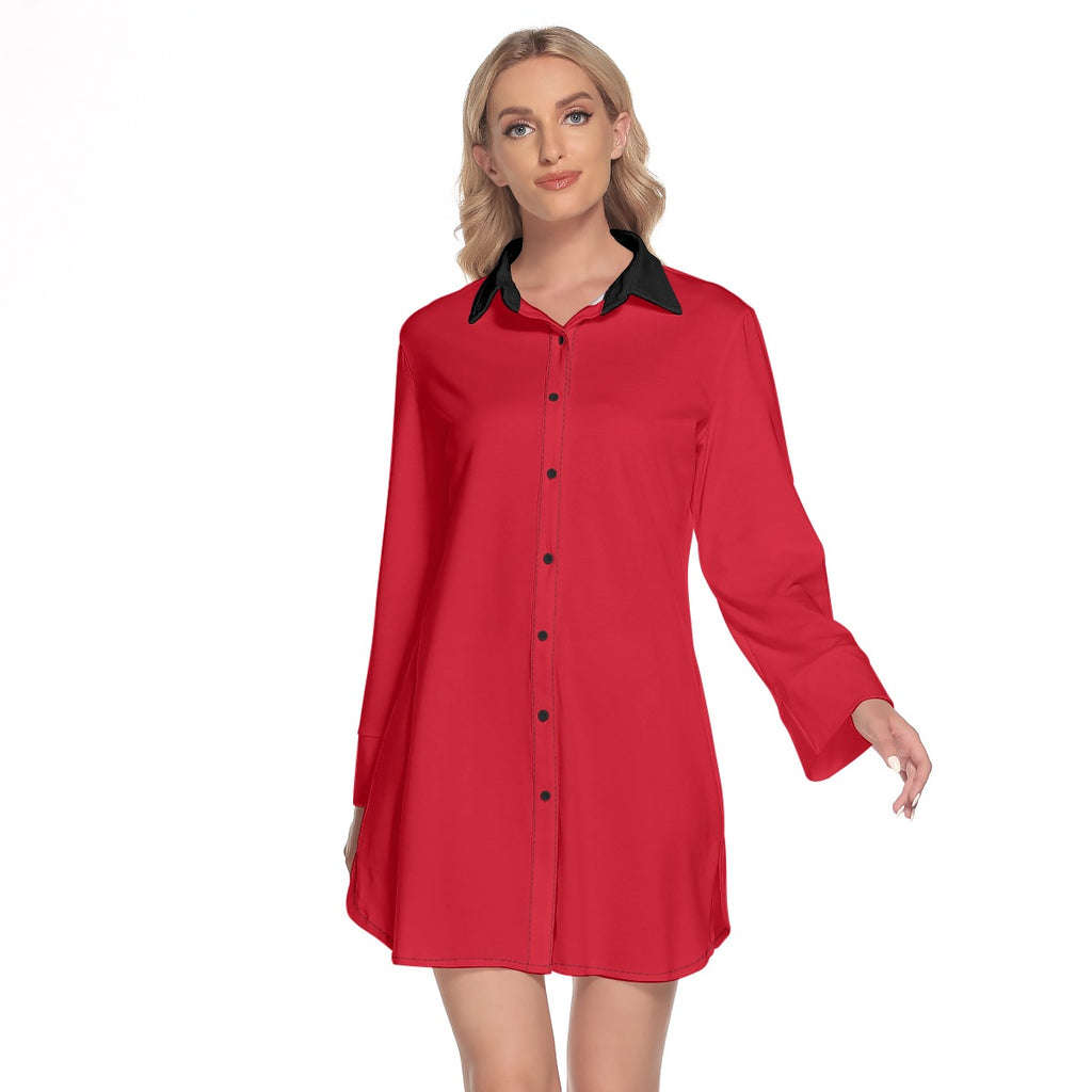 All-Over Print Women's Lapel Shirt Dress With Long Sleeve
