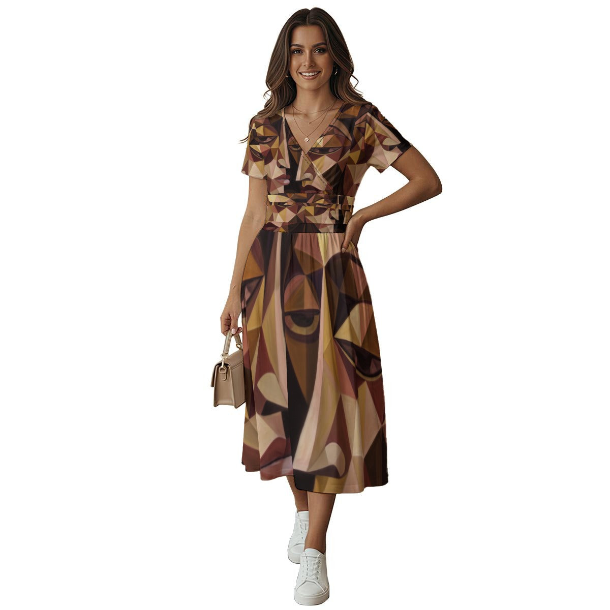 Abito midi da donna a maniche corte con scollo a V e stampa all-over