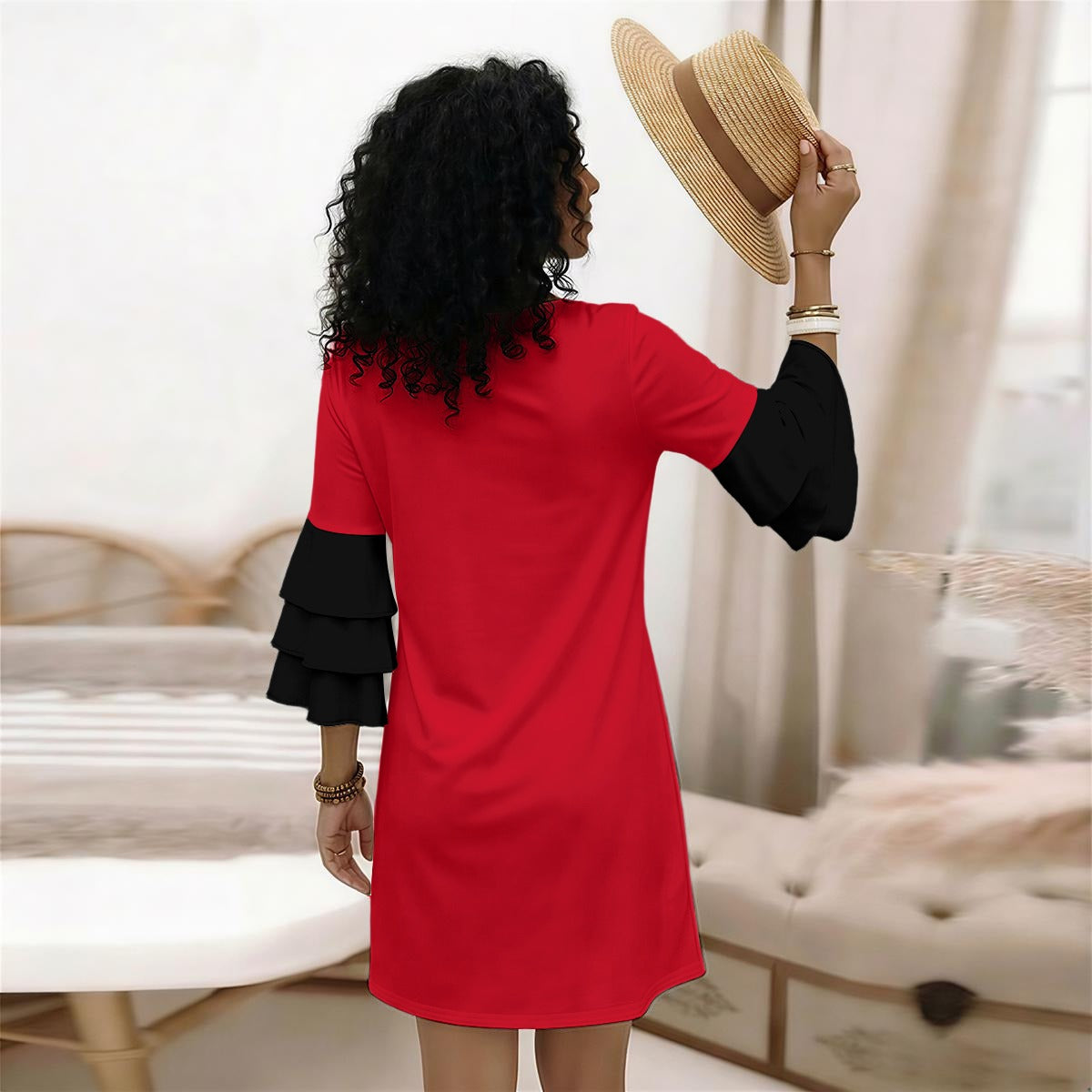 All-Over Print Women's Stacked Ruffle Sleeve Dress