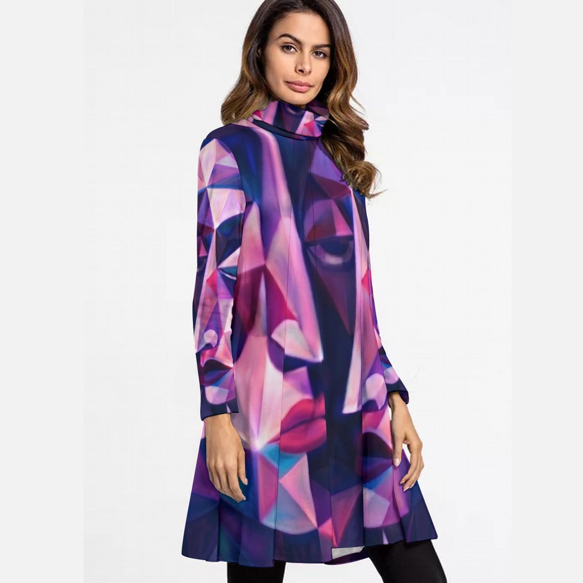 All-Over Print Women's High Neck Dress With Long Sleeve